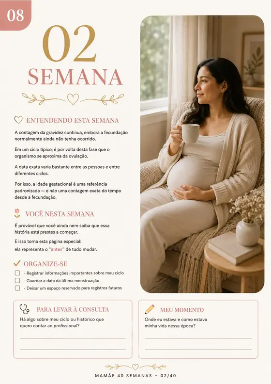 Página de uma semana da gestação no guia Mamãe 40 Semanas