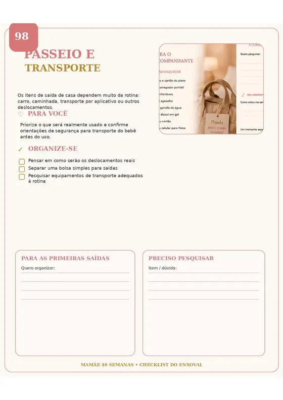 Página de passeio e transporte do checklist do enxoval